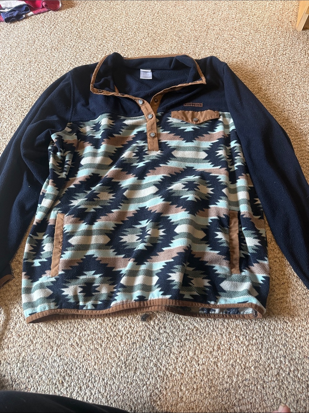 Women’s Cinch Pullover Fleece Sweater in Navy and Brown Aztec Pattern
